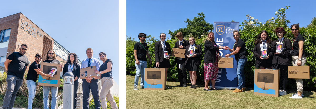 The Identity team with Cavendish School (left) and The Turing School (right) with new IT equipment for learning