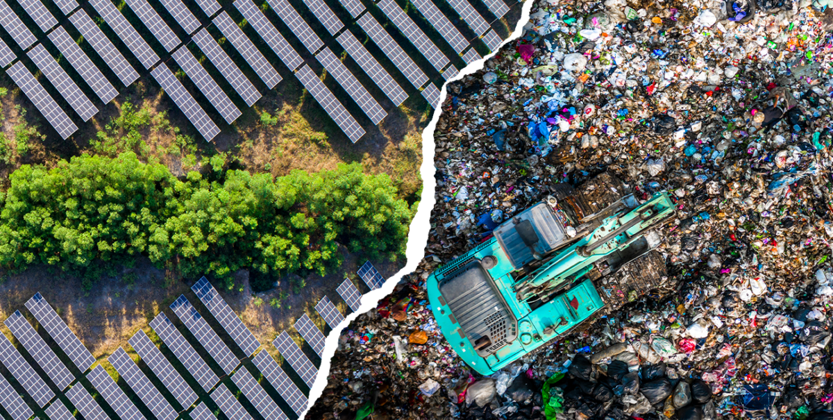 An image depicting solar panels on one side and a large pile of waste rubbish on the other